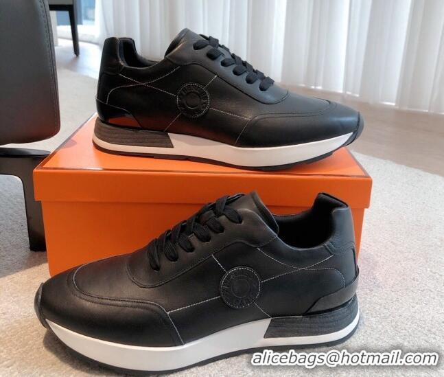 Low Price Hermes Drive Sneakers in Calfskin Leather Black 625034