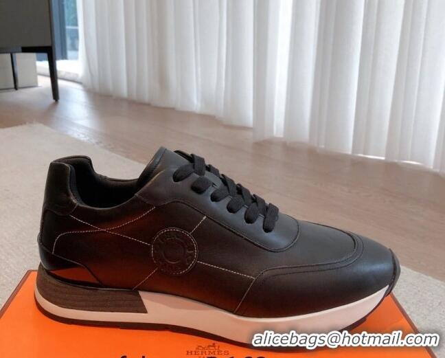 Low Price Hermes Drive Sneakers in Calfskin Leather Black 625034