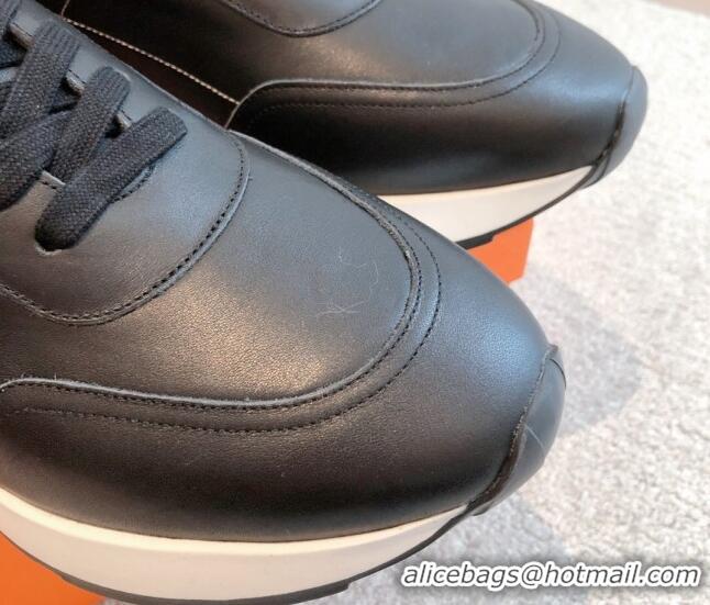 Low Price Hermes Drive Sneakers in Calfskin Leather Black 625034