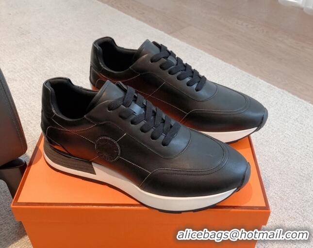 Low Price Hermes Drive Sneakers in Calfskin Leather Black 625034