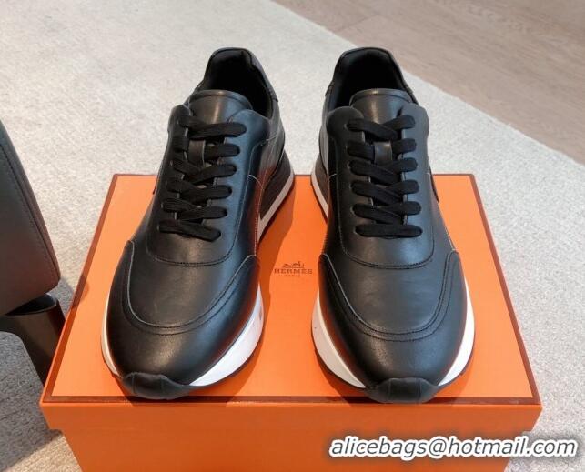 Low Price Hermes Drive Sneakers in Calfskin Leather Black 625034