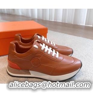 Best Product Hermes Drive Sneakers in Calfskin Leather Tan Brown 625035