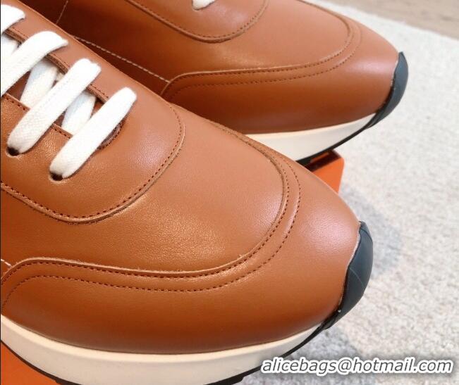 Best Product Hermes Drive Sneakers in Calfskin Leather Tan Brown 625035