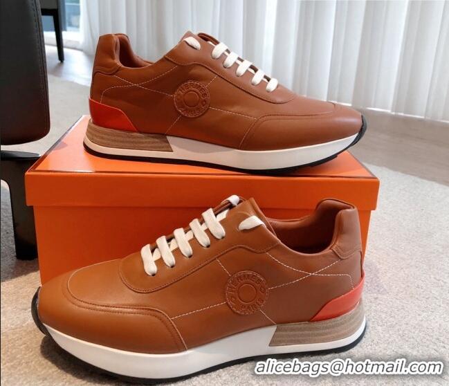 Best Product Hermes Drive Sneakers in Calfskin Leather Tan Brown 625035