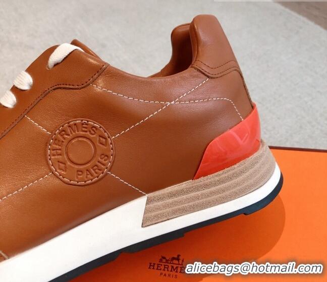 Best Product Hermes Drive Sneakers in Calfskin Leather Tan Brown 625035