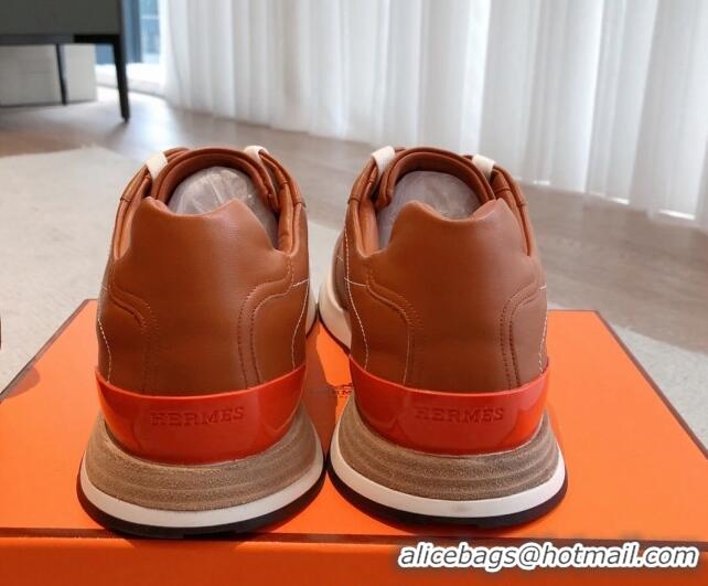 Best Product Hermes Drive Sneakers in Calfskin Leather Tan Brown 625035