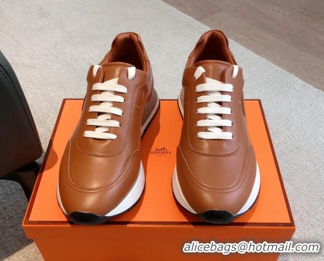 Best Product Hermes Drive Sneakers in Calfskin Leather Tan Brown 625035