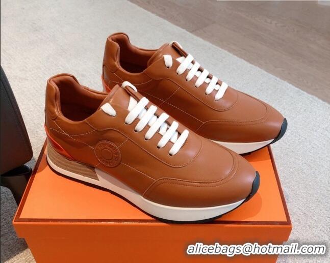 Best Product Hermes Drive Sneakers in Calfskin Leather Tan Brown 625035