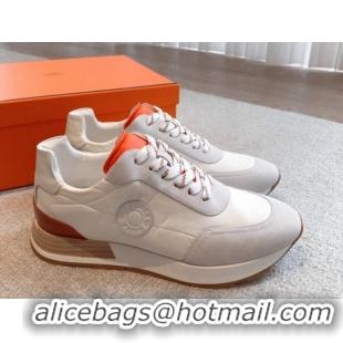 Best Grade Hermes Drive Sneakers in Fabric and Suede White 625036