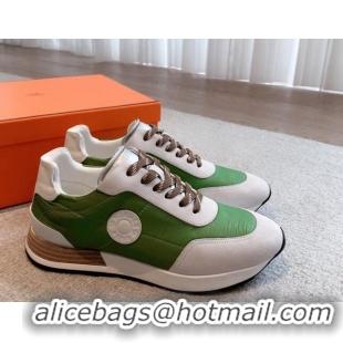 Unique Style Hermes Drive Sneakers in Fabric and Suede Green 625037