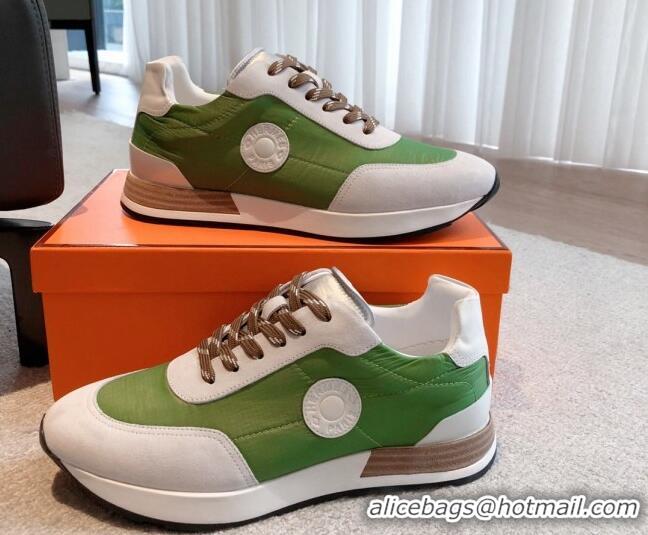 Unique Style Hermes Drive Sneakers in Fabric and Suede Green 625037