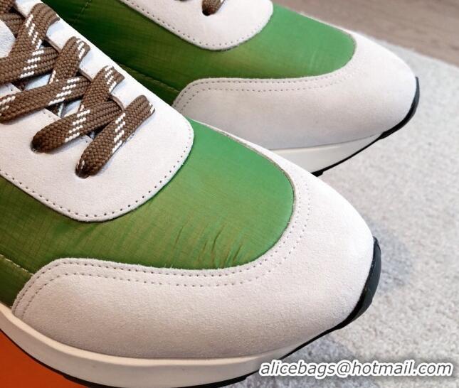 Unique Style Hermes Drive Sneakers in Fabric and Suede Green 625037