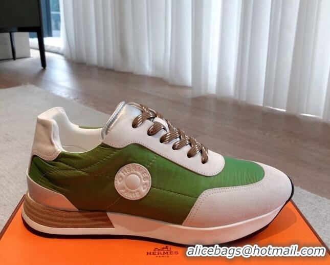 Unique Style Hermes Drive Sneakers in Fabric and Suede Green 625037