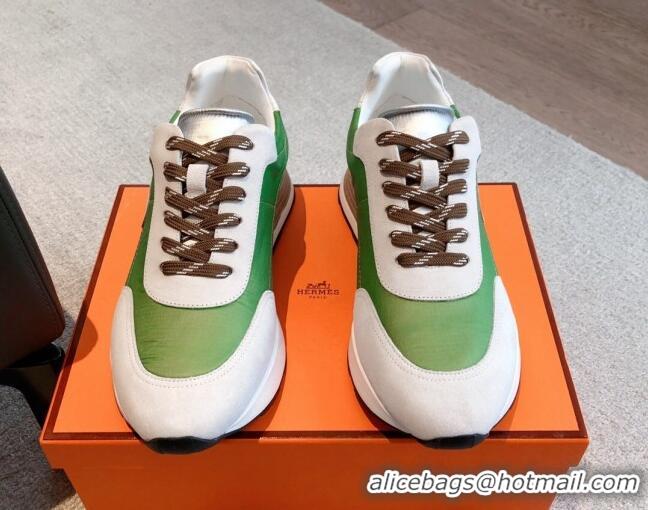 Unique Style Hermes Drive Sneakers in Fabric and Suede Green 625037