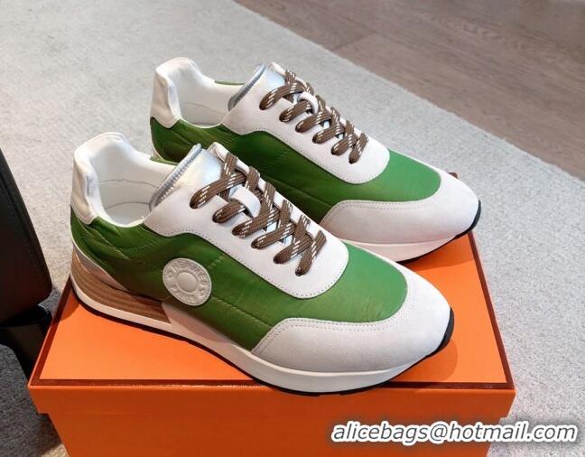 Unique Style Hermes Drive Sneakers in Fabric and Suede Green 625037