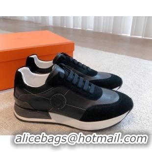 Best Grade Hermes Drive Sneakers in Calfskin and Suede Black 625039