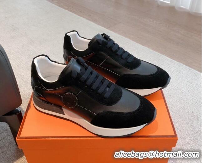 Best Grade Hermes Drive Sneakers in Calfskin and Suede Black 625039