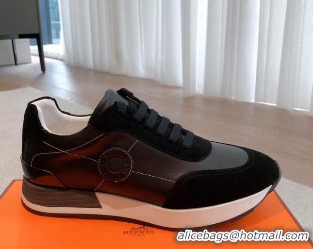 Best Grade Hermes Drive Sneakers in Calfskin and Suede Black 625039