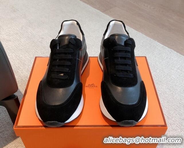 Best Grade Hermes Drive Sneakers in Calfskin and Suede Black 625039