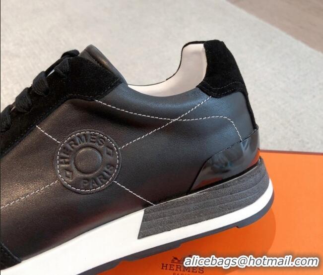 Best Grade Hermes Drive Sneakers in Calfskin and Suede Black 625039