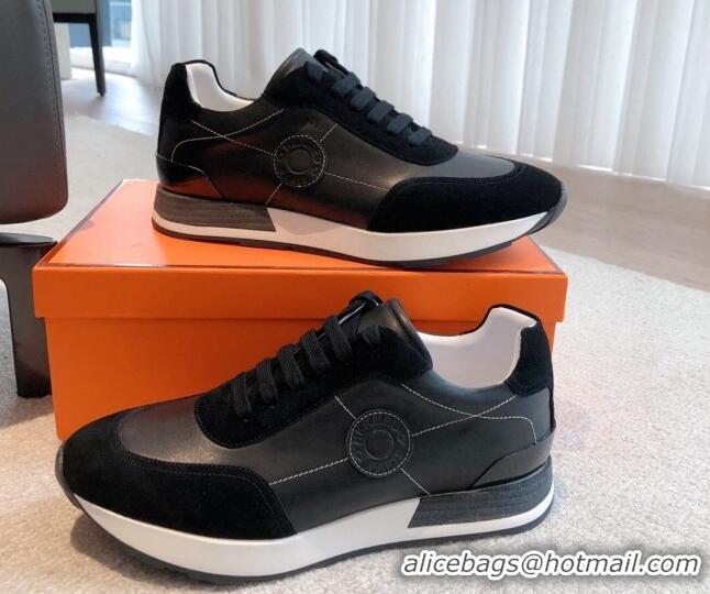 Best Grade Hermes Drive Sneakers in Calfskin and Suede Black 625039