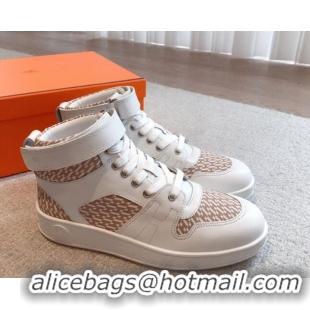 Best Price Hermes Freestyle High Top Sneakers in Canvas and Calfskin White/Beige 625044