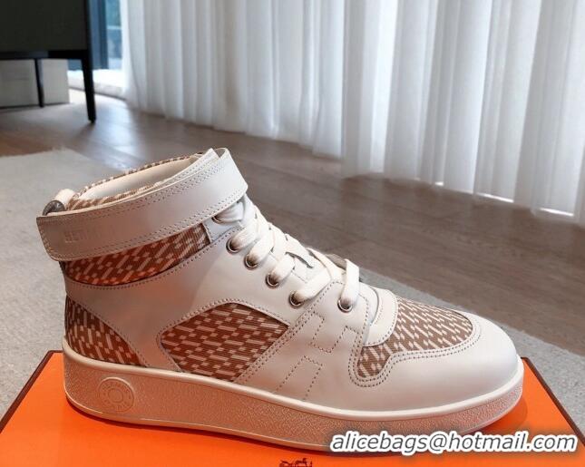 Best Price Hermes Freestyle High Top Sneakers in Canvas and Calfskin White/Beige 625044