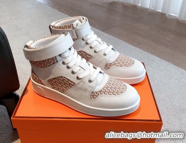 Best Price Hermes Freestyle High Top Sneakers in Canvas and Calfskin White/Beige 625044