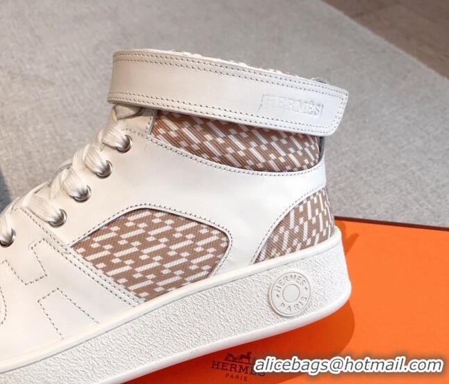 Best Price Hermes Freestyle High Top Sneakers in Canvas and Calfskin White/Beige 625044