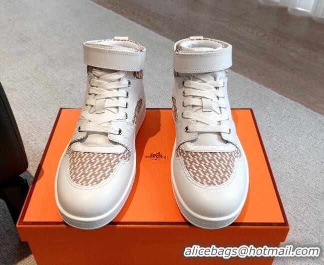 Best Price Hermes Freestyle High Top Sneakers in Canvas and Calfskin White/Beige 625044