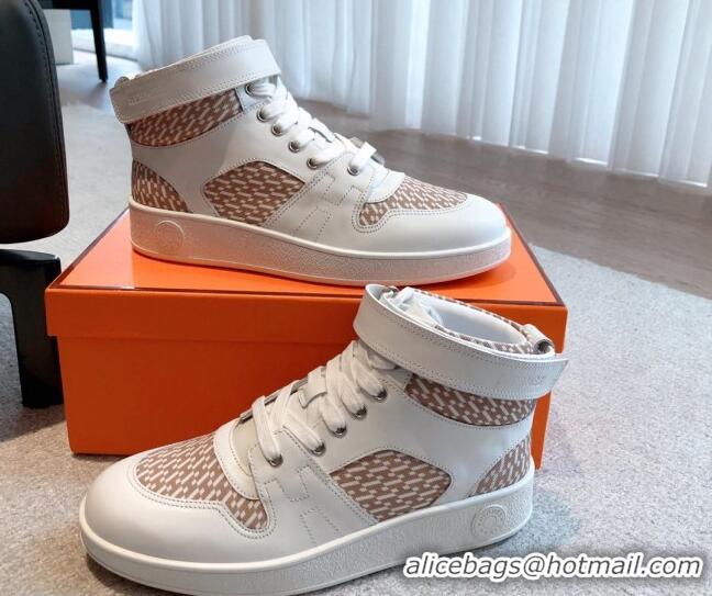 Best Price Hermes Freestyle High Top Sneakers in Canvas and Calfskin White/Beige 625044