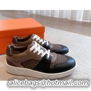 Low Price Hermes Free Low Top Sneakers in Denim and Calfskin Black/Brown 625046