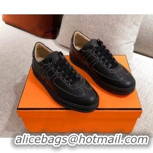 Classic Hot Hermes Boomerang Sneakers in Grained Calfskin Black 625053