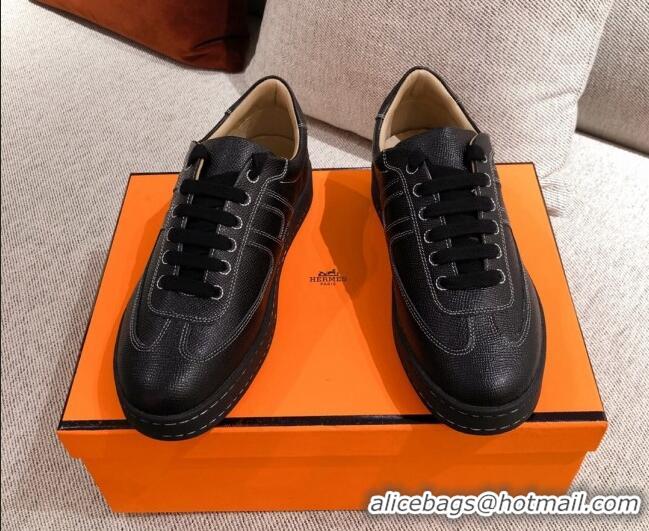 Classic Hot Hermes Boomerang Sneakers in Grained Calfskin Black 625053