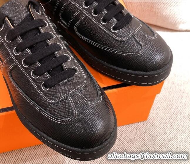 Classic Hot Hermes Boomerang Sneakers in Grained Calfskin Black 625053