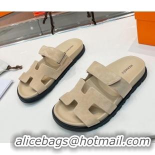 Pretty Style Hermes Chypre Slide Sandals in Suede Light Khaki 362801