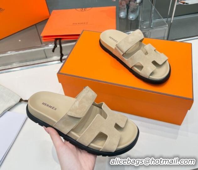 Pretty Style Hermes Chypre Slide Sandals in Suede Light Khaki 362801