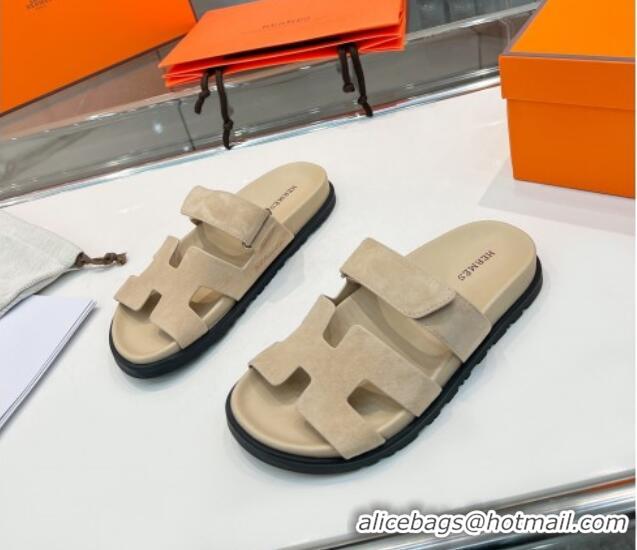 Pretty Style Hermes Chypre Slide Sandals in Suede Light Khaki 362801