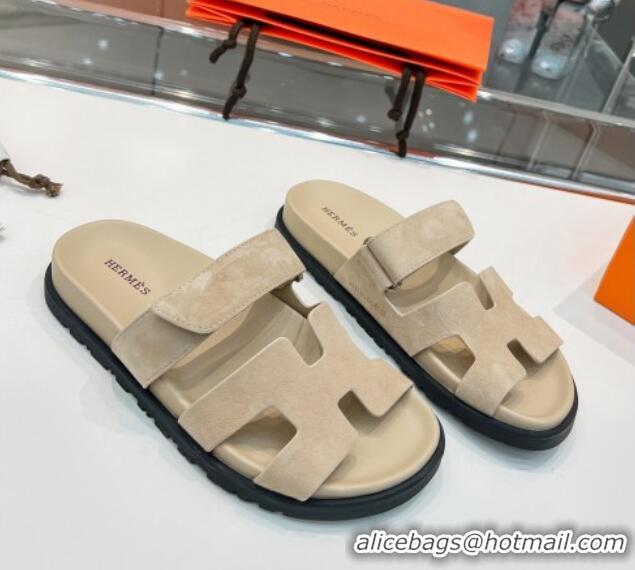 Pretty Style Hermes Chypre Slide Sandals in Suede Light Khaki 362801