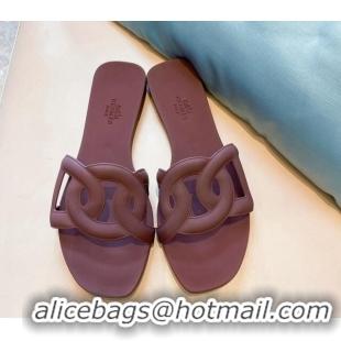 Feminine Classic Hermes PVC Flat Slide Sandals 704030 Burgundy