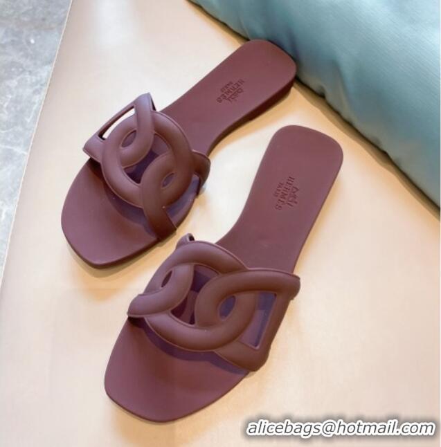 Feminine Classic Hermes PVC Flat Slide Sandals 704030 Burgundy