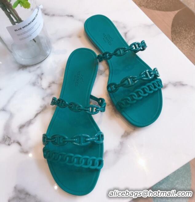 Low Cost Hermes PVC Flat Slide Sandals 704030 Green