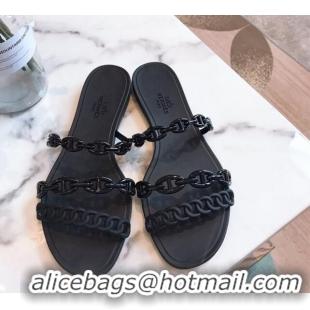 Luxurious Hermes PVC Flat Slide Sandals 704030 Black