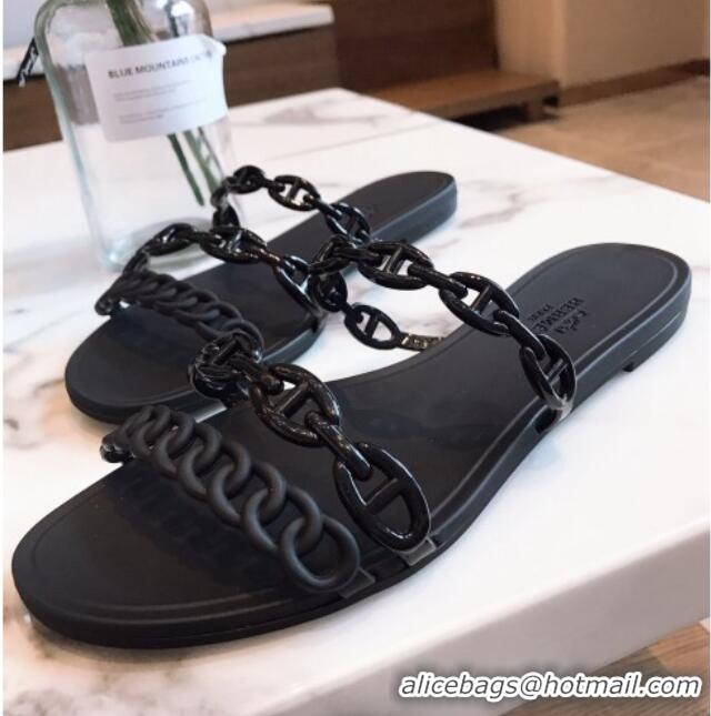 Luxurious Hermes PVC Flat Slide Sandals 704030 Black