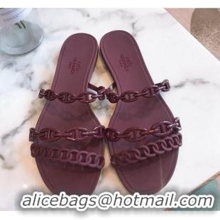 Perfect Hermes PVC Chain Flat Slide Sandals 704035 Burgundy