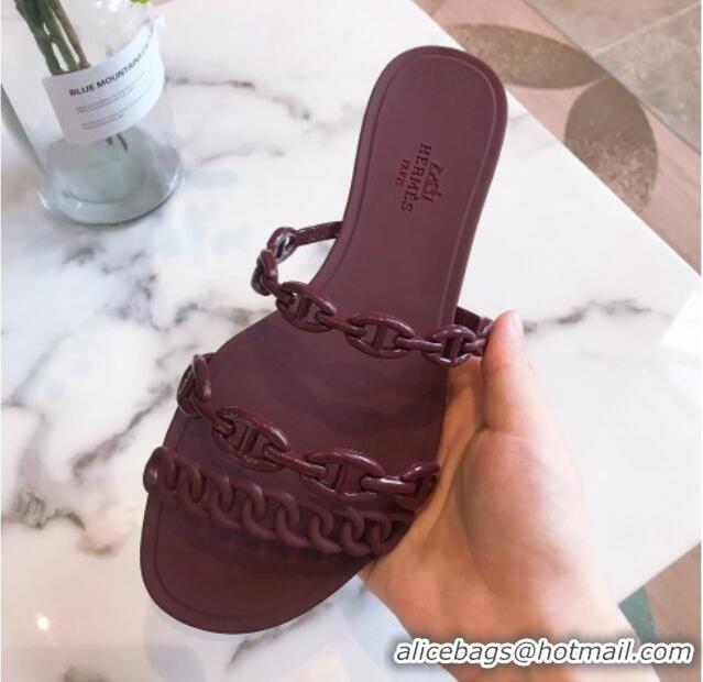 Perfect Hermes PVC Chain Flat Slide Sandals 704035 Burgundy