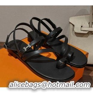 Shop Duplicate Hermes Leather Strap Sandals with H Black 711088