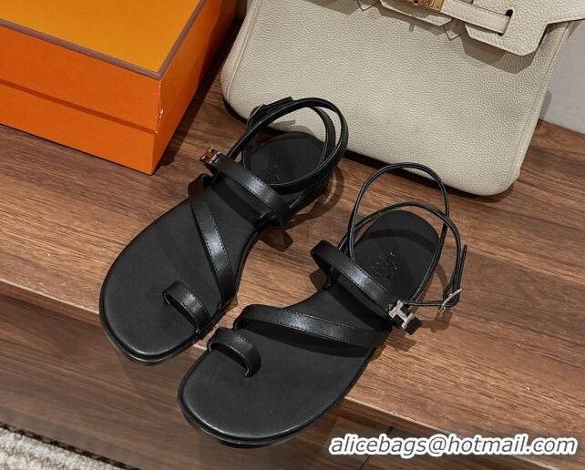 Shop Duplicate Hermes Leather Strap Sandals with H Black 711088