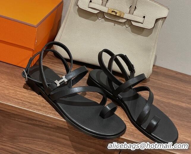 Shop Duplicate Hermes Leather Strap Sandals with H Black 711088