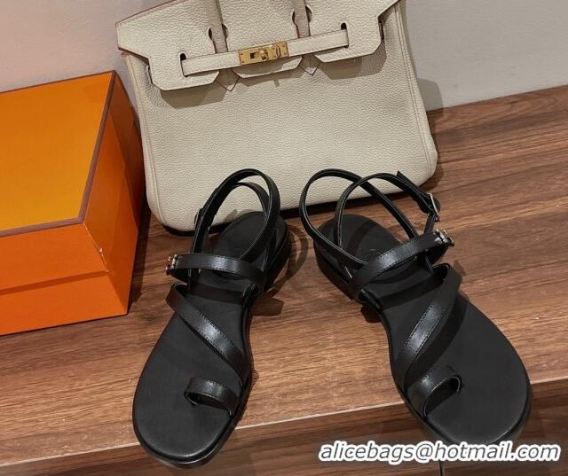 Shop Duplicate Hermes Leather Strap Sandals with H Black 711088